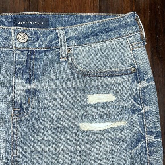 Aeropostale / Denim Blue Jean Raw Edge Hem Fringe A-Line Mini Skirt / Size 8 - Picture 7 of 7